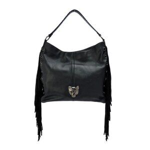 Sharif Legacy Cougar Eyelet Black Pebble Leather Fringe Hobo Shoulder Purse